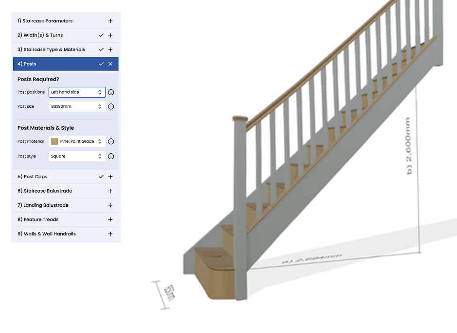 White painted staircase, white oak handrail, bottomrail & pyramid caps Overlay
