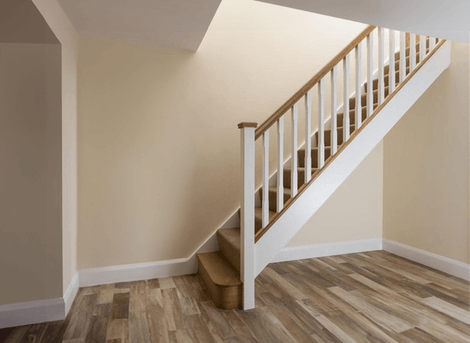 White painted staircase, white oak handrail, bottomrail & pyramid caps Original